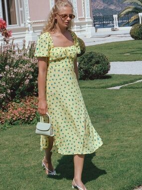 Faithfull the Brand Bette Yellow Floral Tie-Front Midi Dress • Size 2 • Like New